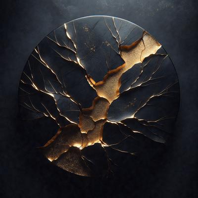 The primary subject of the image is a black and gold circle, which appears to be a piece of art or a decorative item. The setting is a dark background, which contrasts with the circle's colors. The visual style is a combination of digital art and illustration, creating a unique and eye-catching design. The colors and mood of the image are predominantly dark and moody, with the gold and black colors adding a touch of elegance and sophistication.
